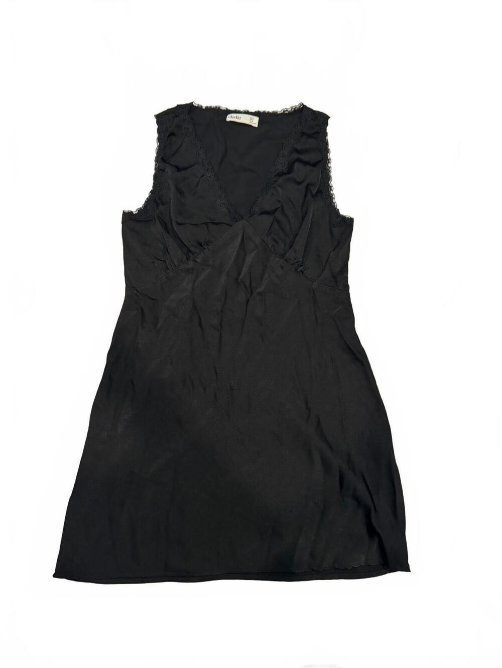 Vintage 90s Style Y2K Black Satin Lace Trim Slip Dress Tank Top Coquette Medium